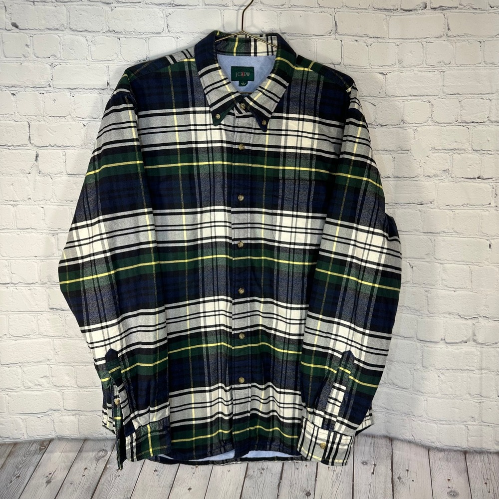 J.Crew Double Faced Mens Plaid Flannel Button Down Shirt Green Navy Blue CP865 L